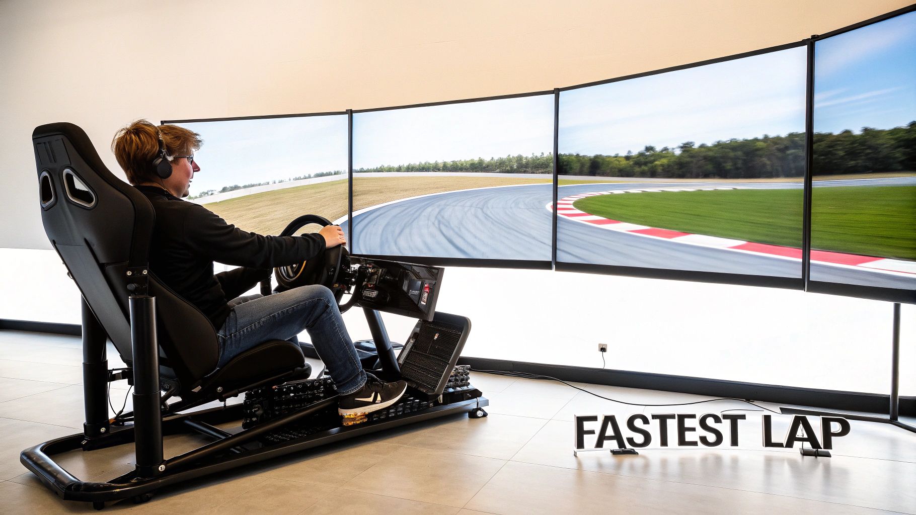 A person wearing headphones driving a multi-screen racing simulator with a 'FASTEST LAP' sign.
