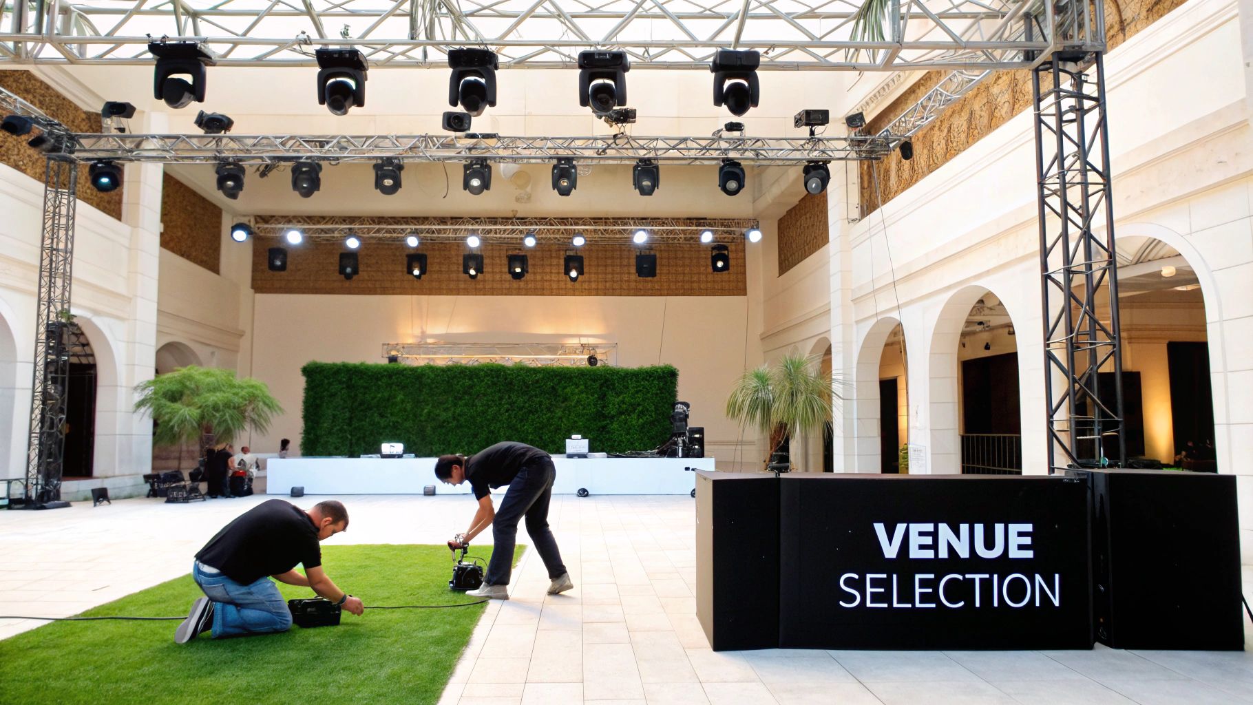 Two men set up equipment on artificial grass in a large venue with stage lighting for an event.