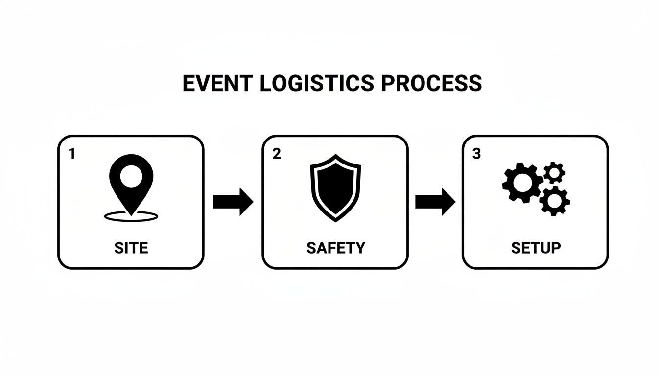 Event logistics process diagram showing three steps: site selection, safety planning, and setup execution.