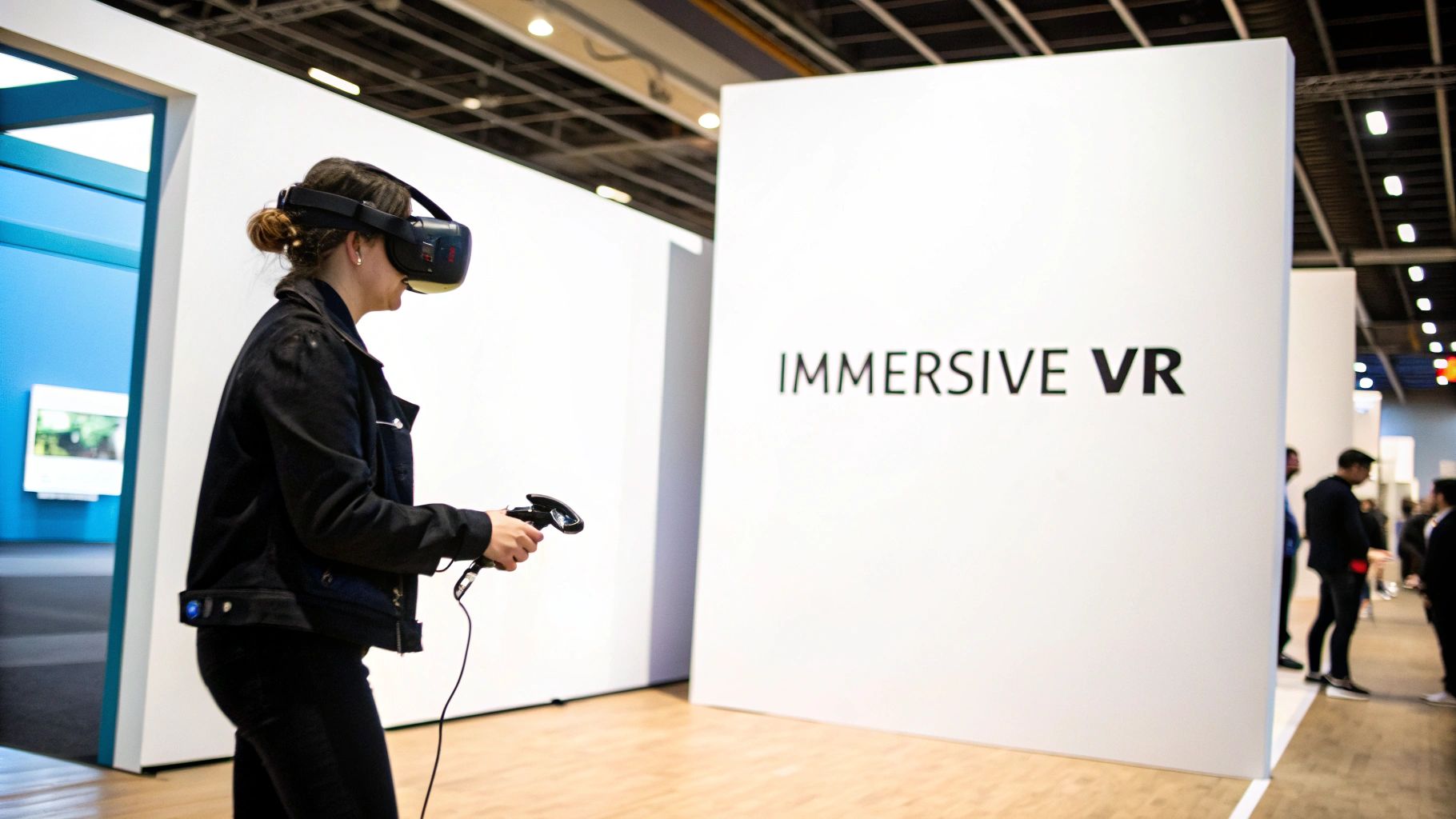 A woman experiences virtual reality with a VR headset and controller at an immersive VR exhibition.