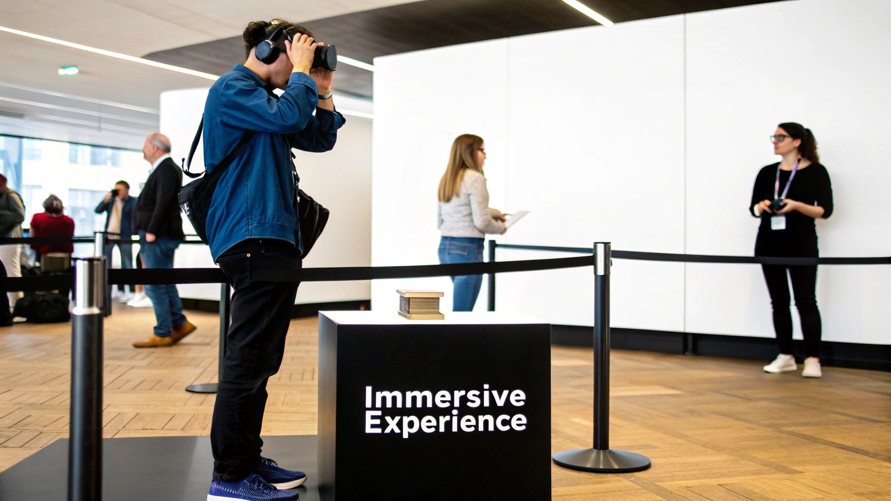 A person in VR goggles at an 'Immersive Experience' booth during a product launch event.