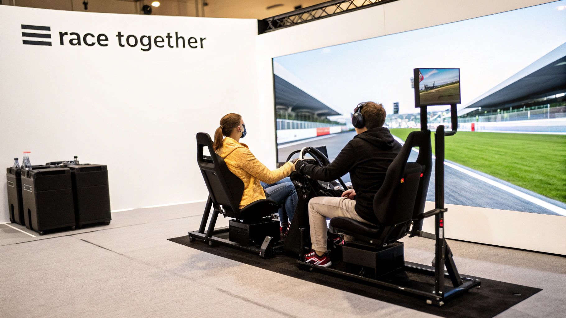 Two people enjoy a virtual racing simulator at an interactive exhibition stand.