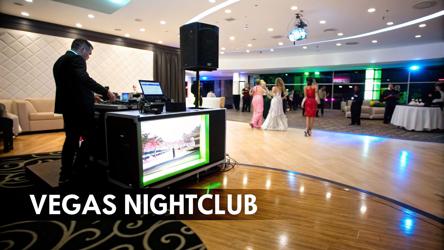 A DJ is playing music in a vibrant nightclub with guests in formal attire and colorful lighting.