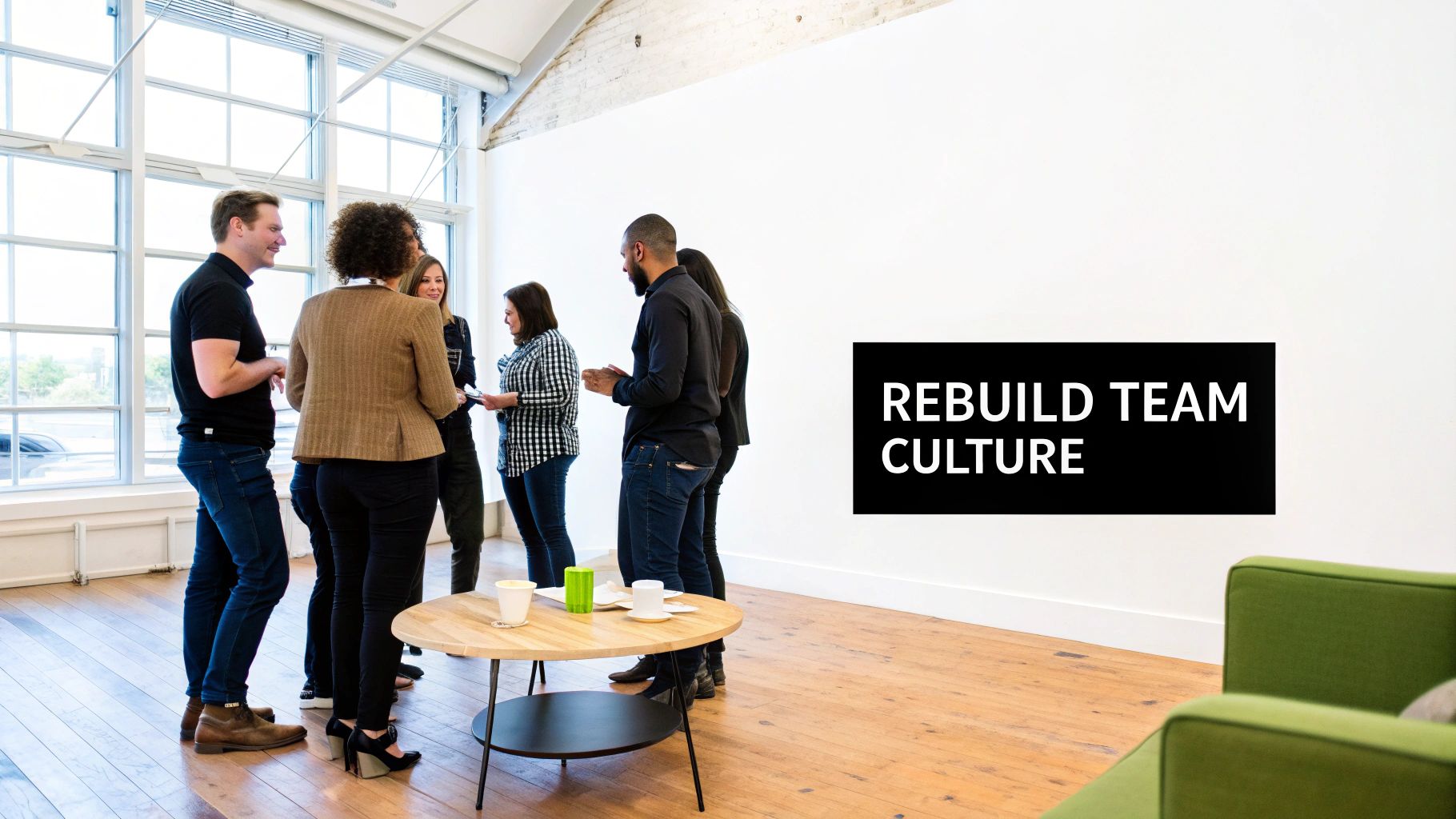 Diverse professionals gather and discuss in a bright modern office, emphasizing team culture.