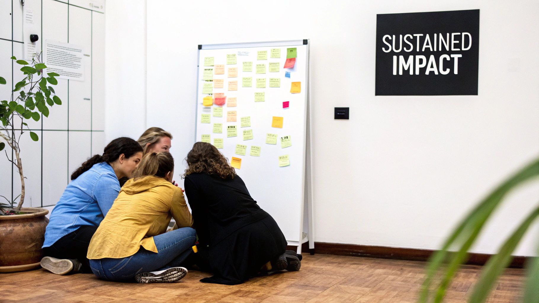 Four people brainstorming ideas on a whiteboard covered in sticky notes during a collaborative meeting.
