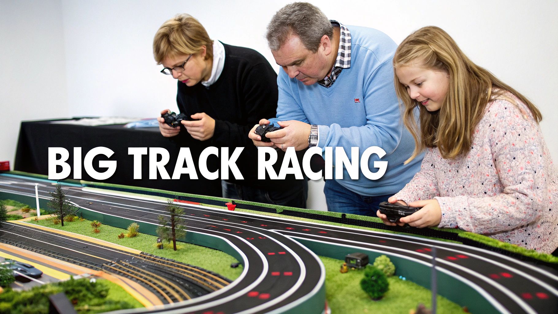 Three people, including a young girl, are engrossed in slot car racing on a large, detailed track.