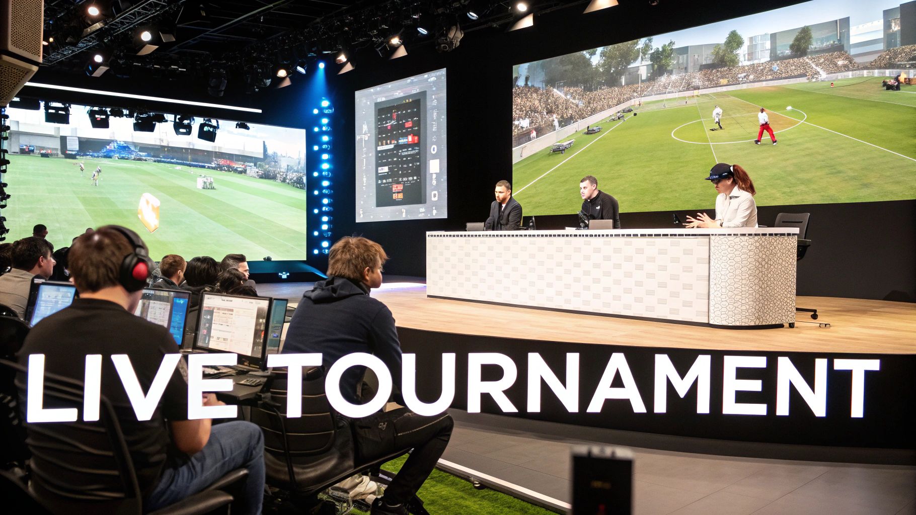 A live esports tournament with large screens showing gameplay and participants at computers.
