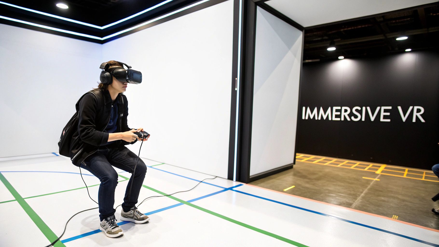 A person in a VR headset holds a controller, immersed in a virtual reality experience.