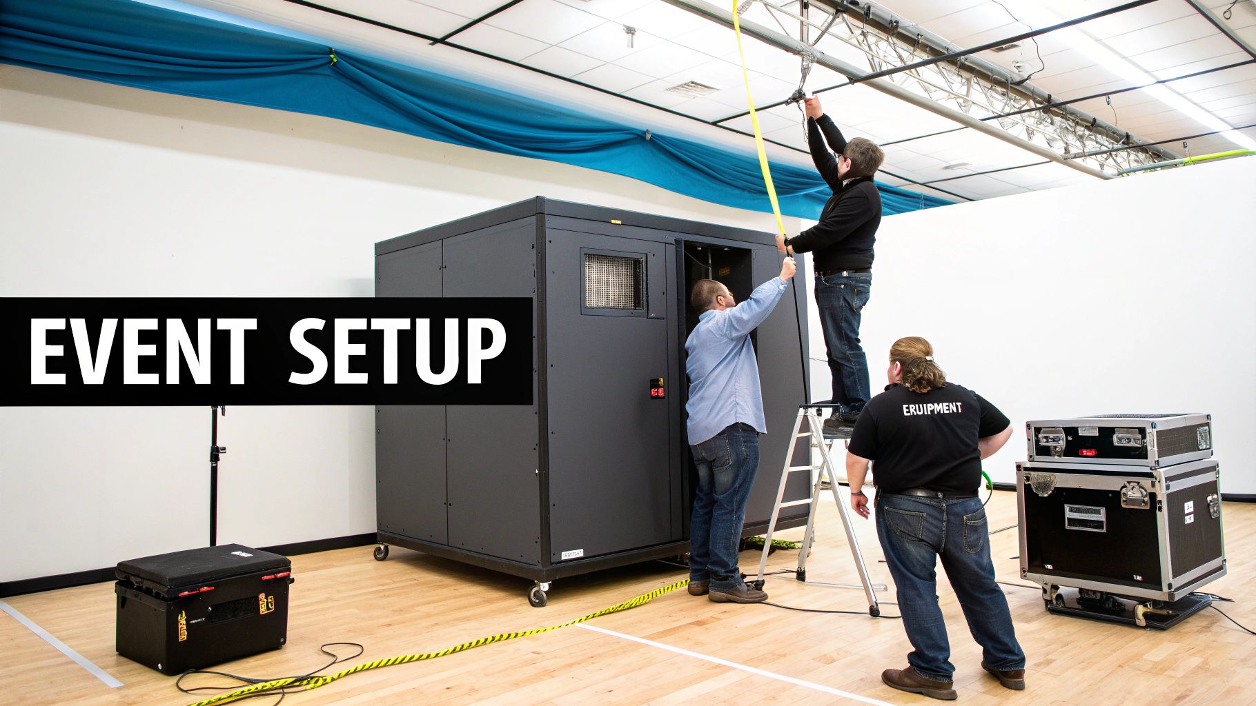 Three men are actively setting up a large black event structure and equipment in a room.