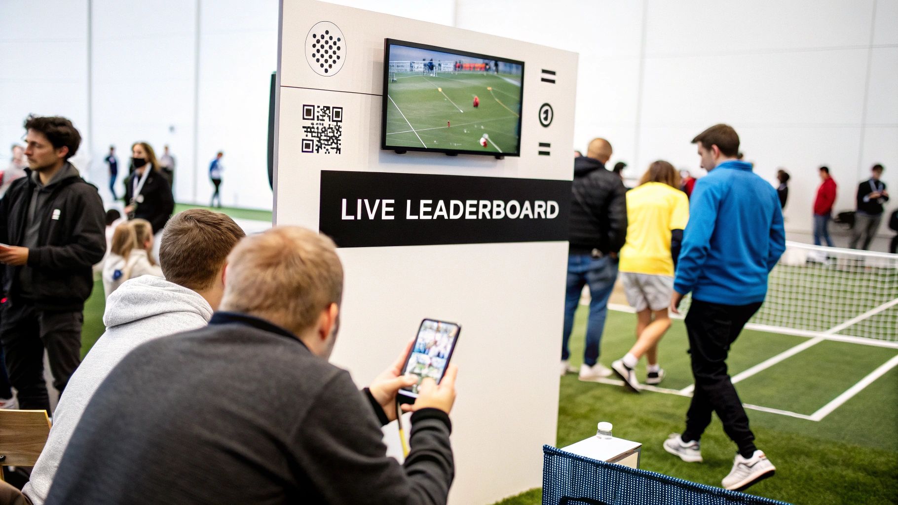 Attendees watch a live leaderboard screen displaying a soccer game at an indoor sports event.