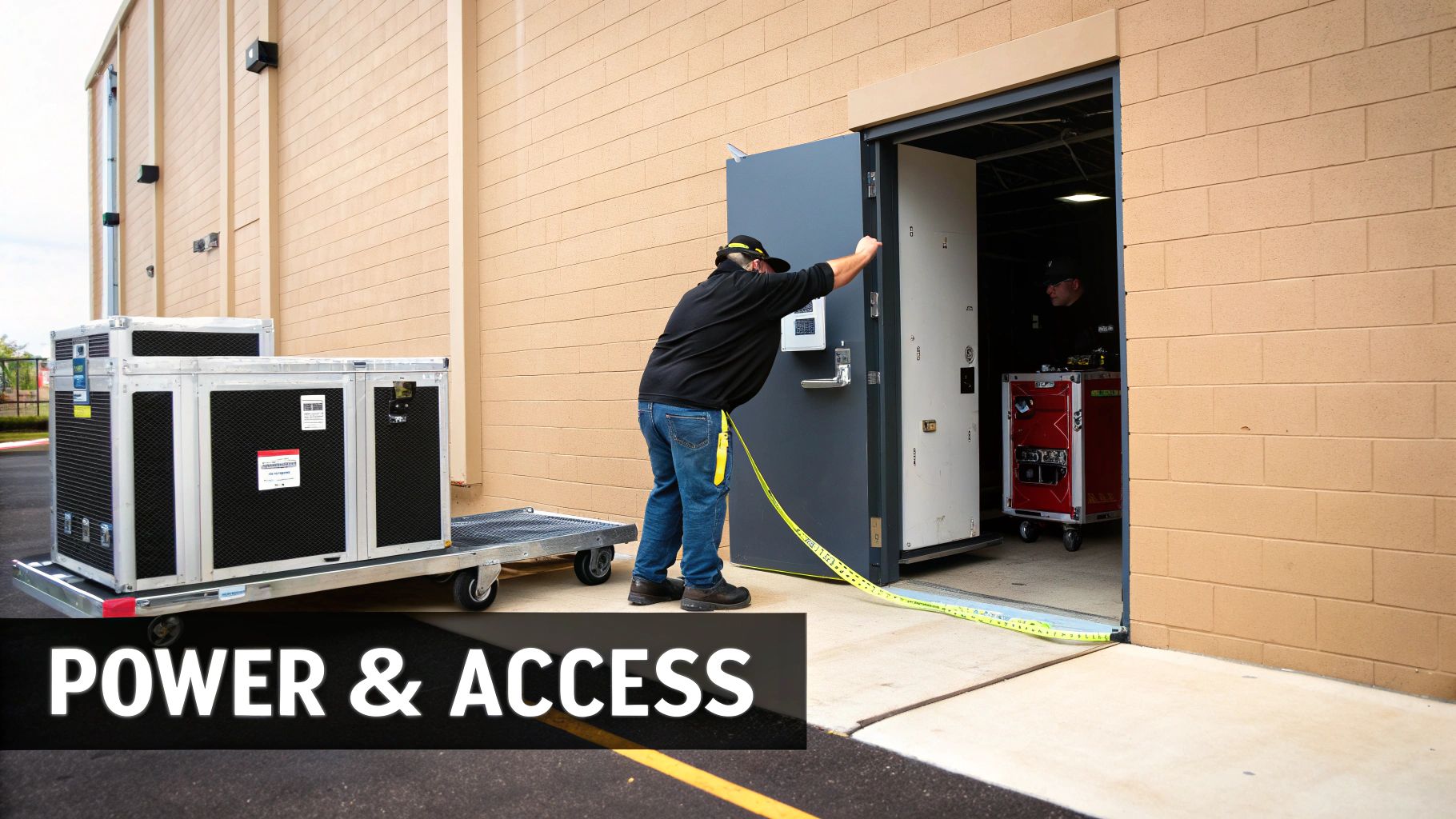Two men transporting large black equipment cases through a doorway into a building.