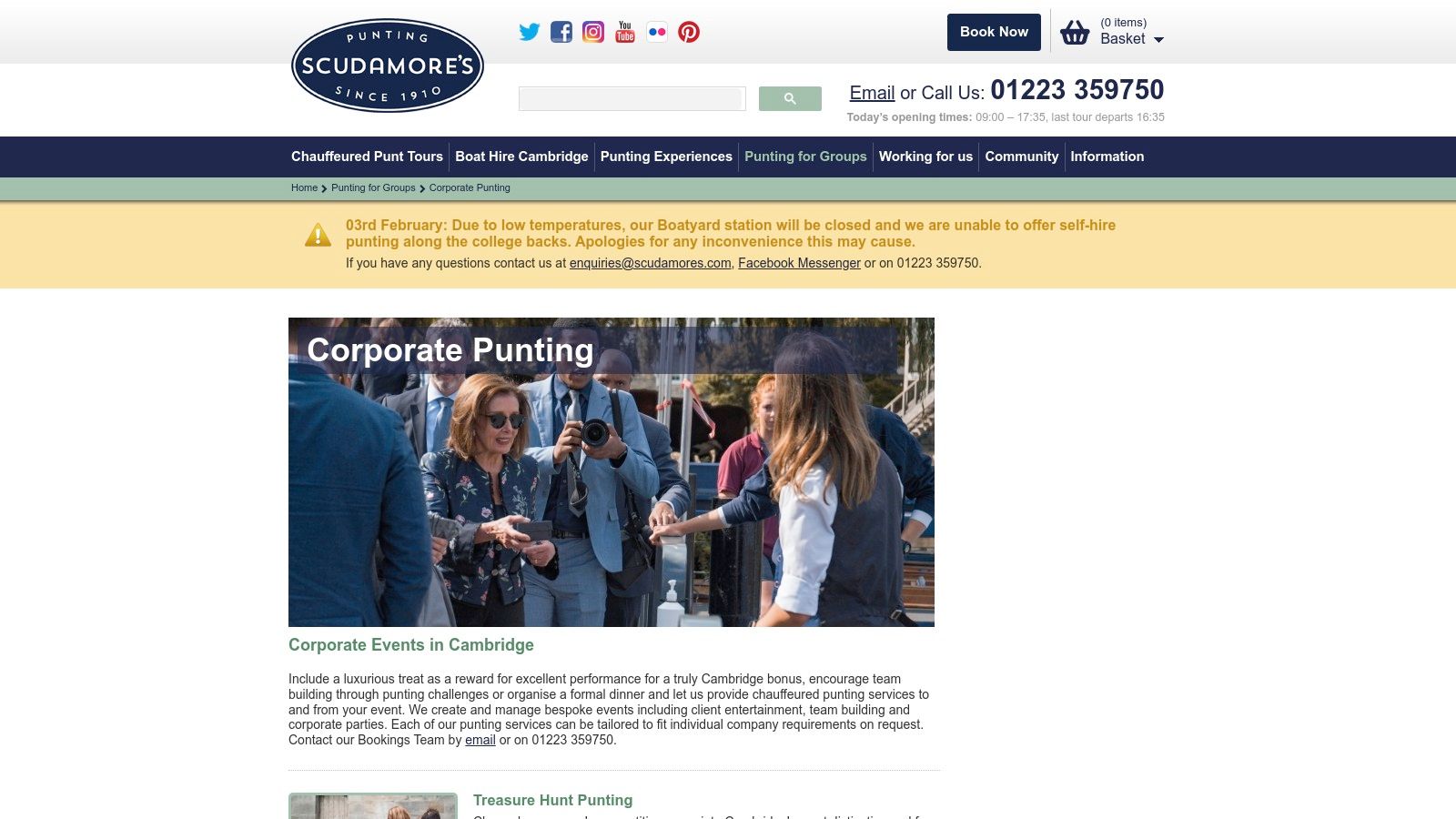 A corporate group enjoying a chauffeured punting tour with Scudamore's along the River Cam in Cambridge.