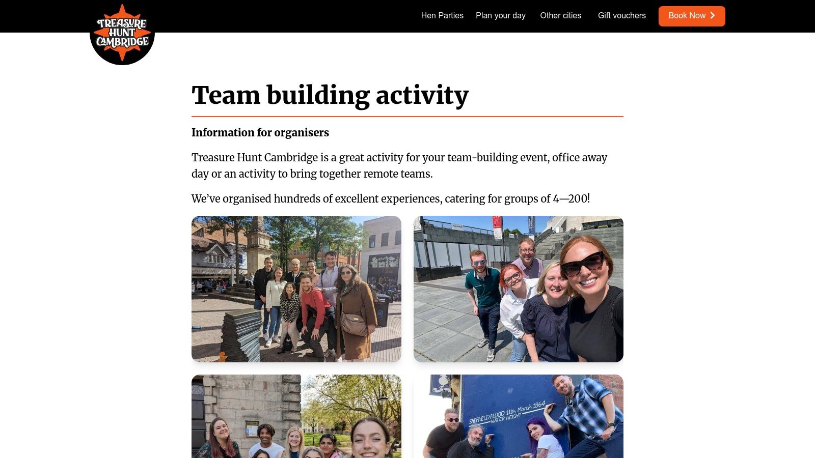 A team of colleagues collaborating on a puzzle during their Treasure Hunt Cambridge team building activity.