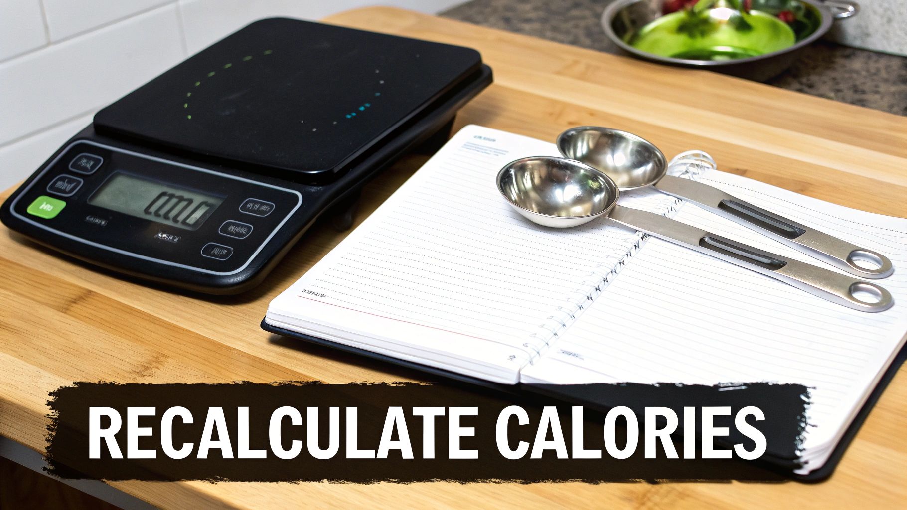 A digital kitchen scale, metal measuring spoons, and an open notebook on a wooden board for calorie tracking.