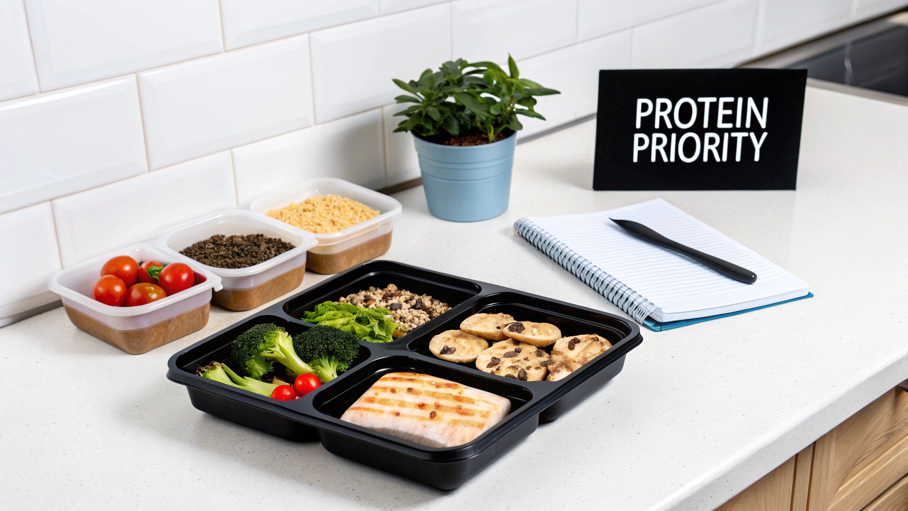 A protein-focused meal prep setup with salmon, broccoli, quinoa, and cookies, on a kitchen counter.