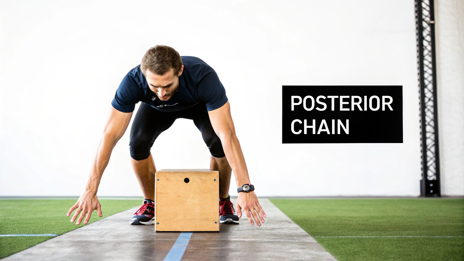 A man in athletic wear reaches towards the floor over a wooden box, demonstrating a posterior chain exercise.