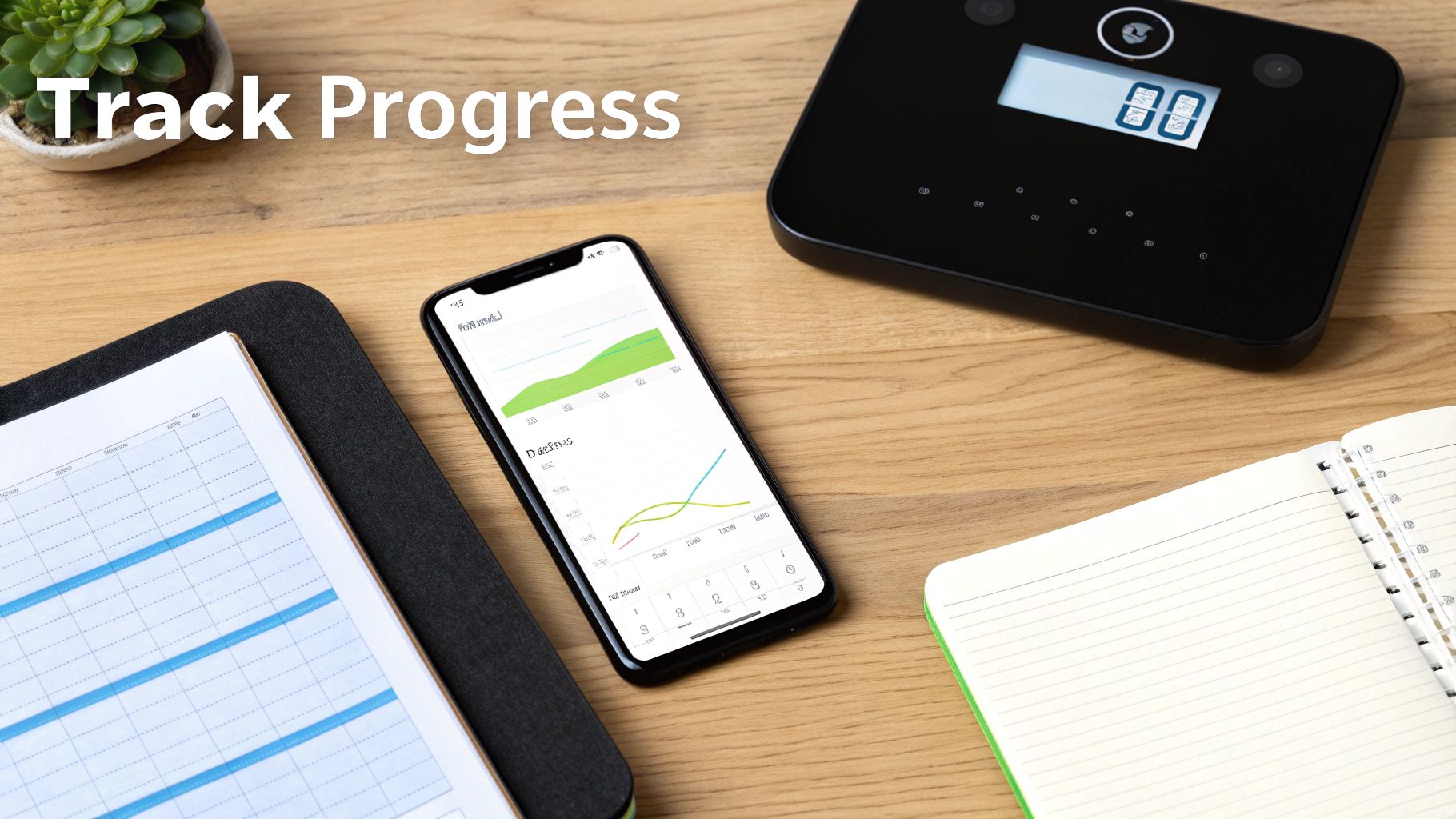 A flat lay of a desk with a smartphone, tablet, smart scale, and notebook, all for tracking progress.