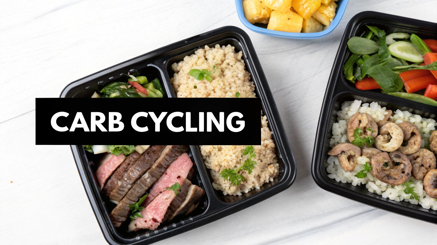 Healthy meal prep containers with steak, rice, vegetables, and fruit, highlighting carb cycling.