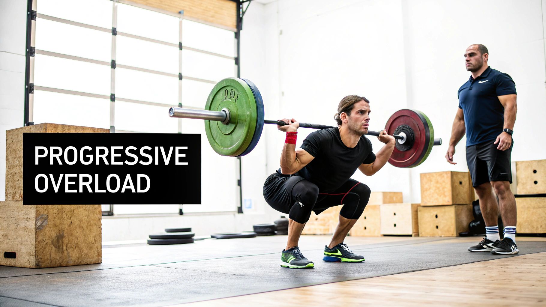 A man performs a barbell back squat in a gym, watched by a coach, illustrating progressive overload.