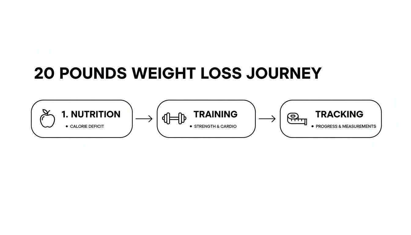 Flowchart illustrating a 20 pounds weight loss journey with steps: Nutrition, Training, and Tracking.