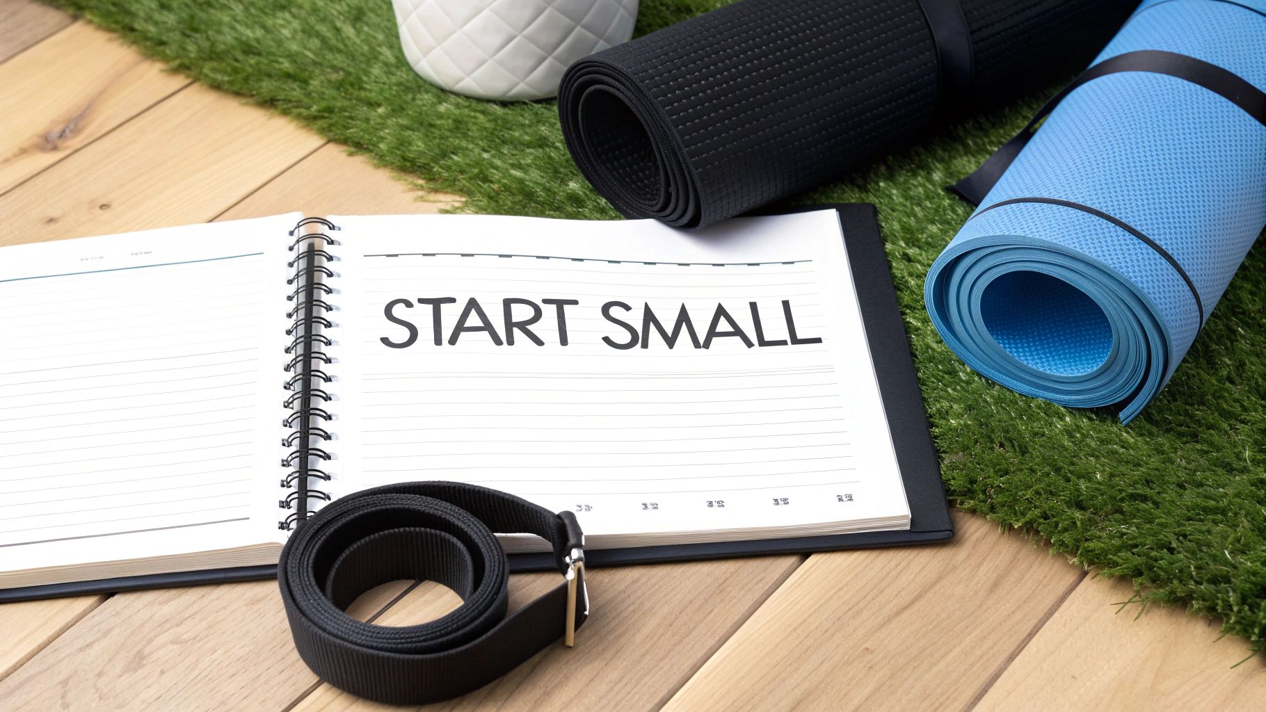 An open notebook with 'START SMALL' written on it, next to blue and black yoga mats and a belt.