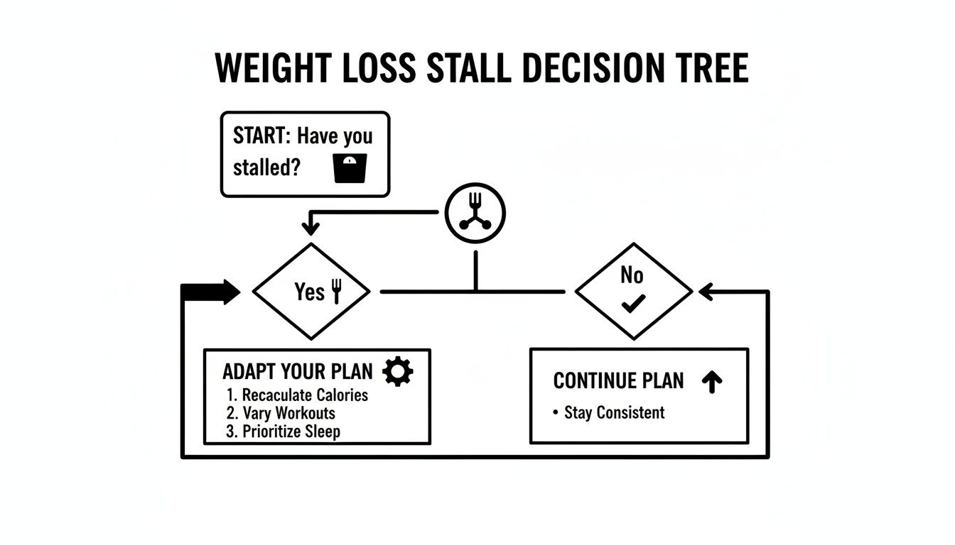 Weight loss stall decision tree flowchart with steps to adapt your plan or continue consistently.