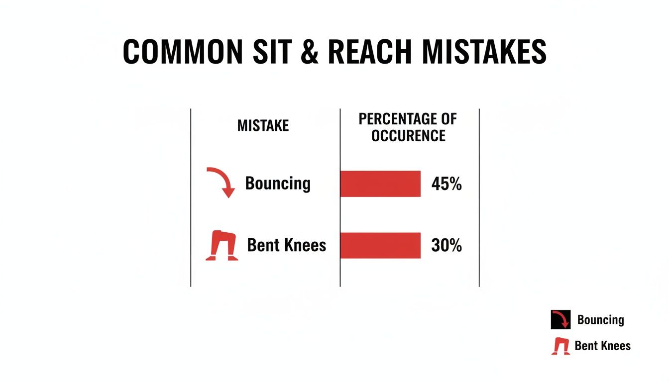 Bar chart detailing common sit and reach test errors: Bouncing (45%) and Bent Knees (30%).