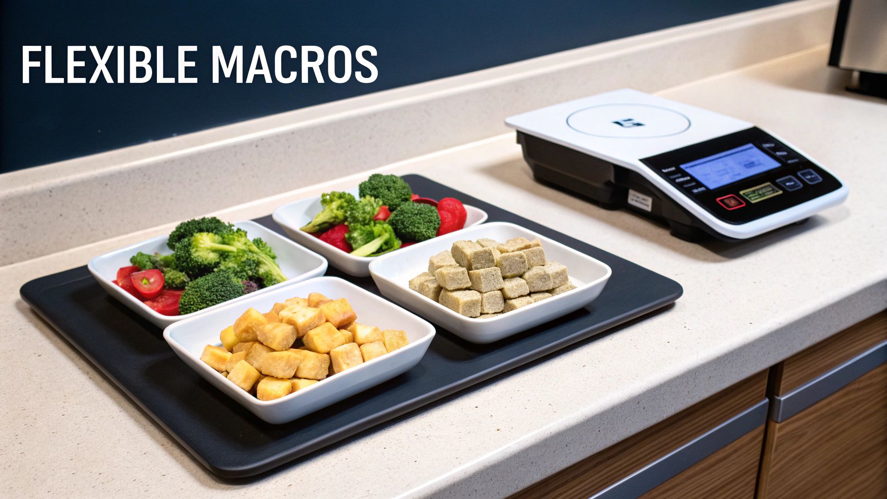 Four bowls of portioned vegetables, protein cubes, and other food items for meal prep, beside a digital food scale.