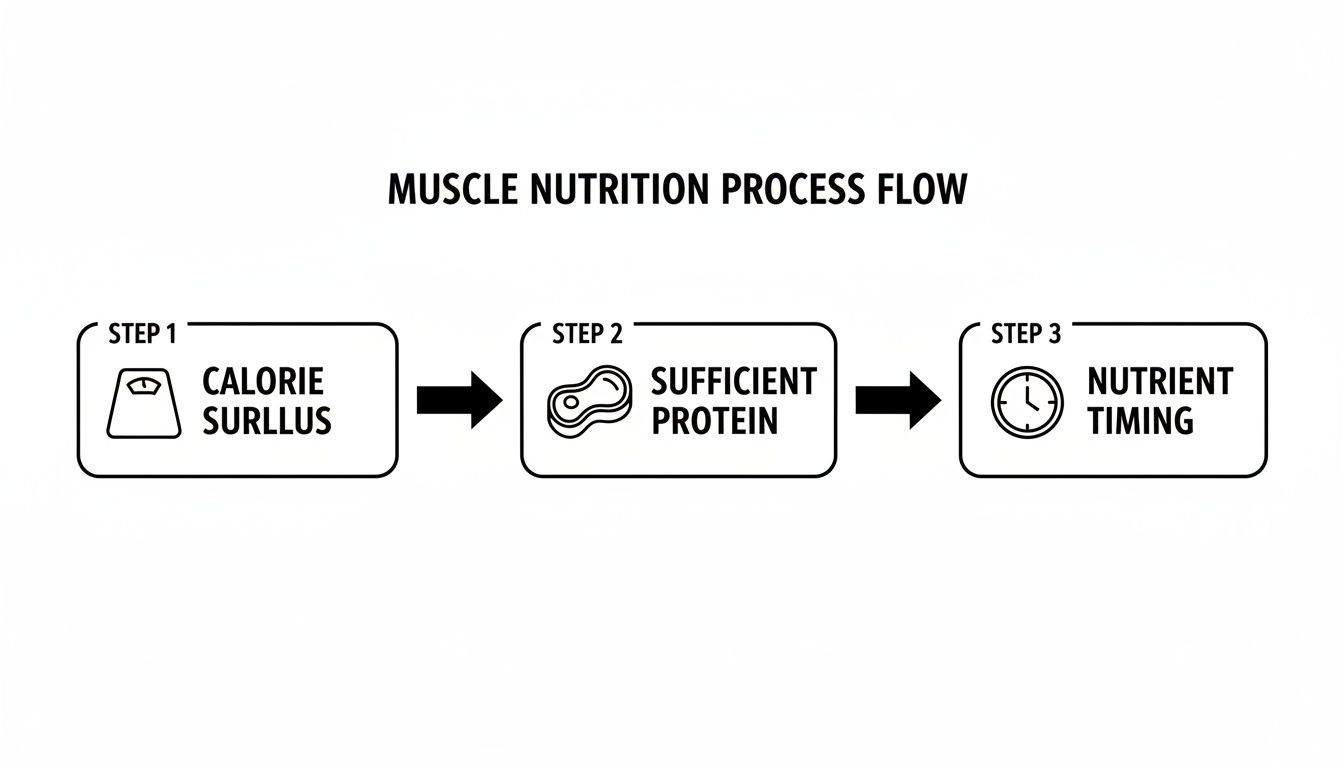 A three-step muscle nutrition process flow outlining calorie surplus, sufficient protein, and nutrient timing.
