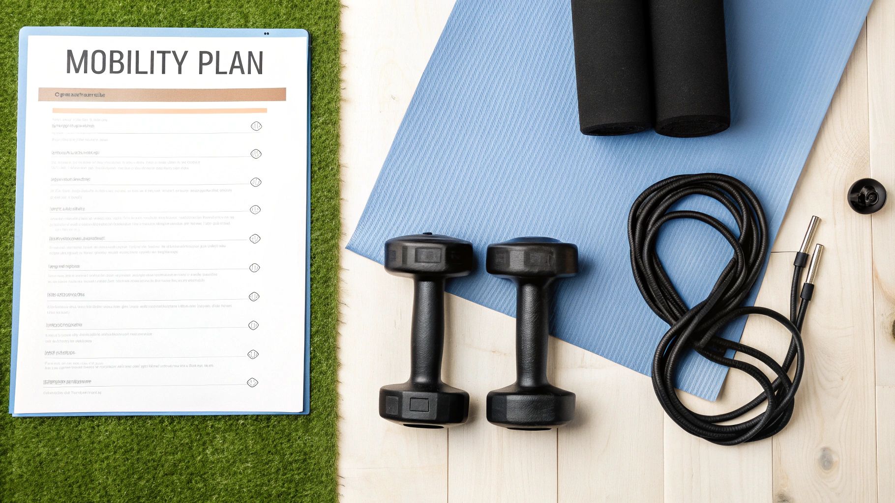 Top-down view of a mobility plan document, dumbbells, jump rope, and a yoga mat on grass and wood.