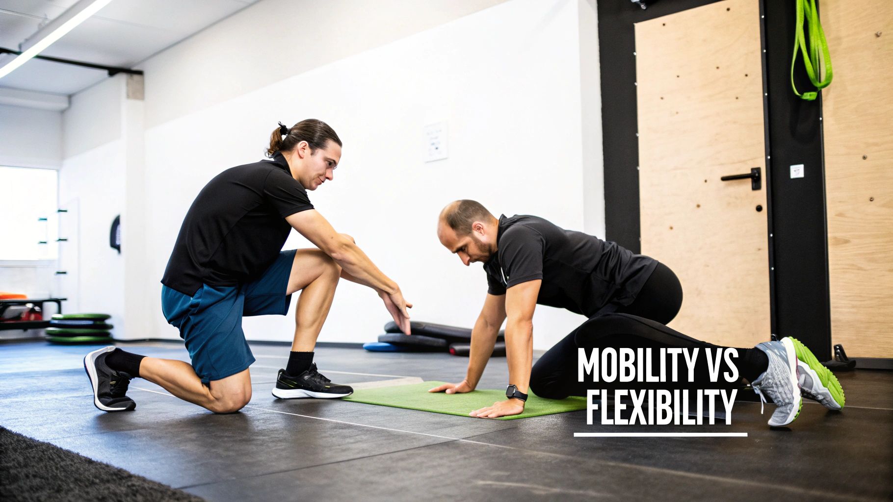 Two men in a modern gym, one coaching another during a kneeling mobility or flexibility exercise.
