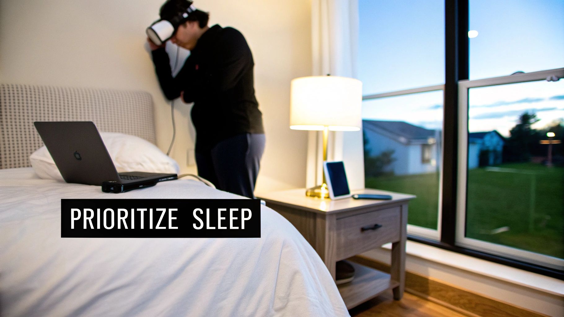 Person in VR headset by a bed with a laptop, next to a 'PRIORITIZE SLEEP' banner.