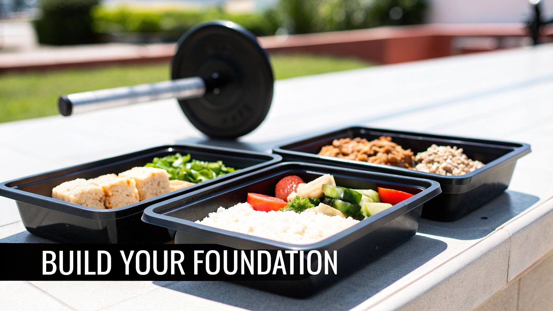 Four healthy meal prep containers with balanced meals and a barbell on an outdoor table.