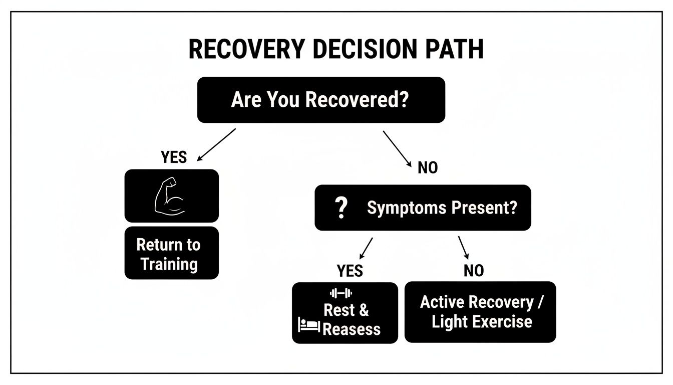 Flowchart illustrating a recovery decision path for exercise, guiding actions based on recovery status.