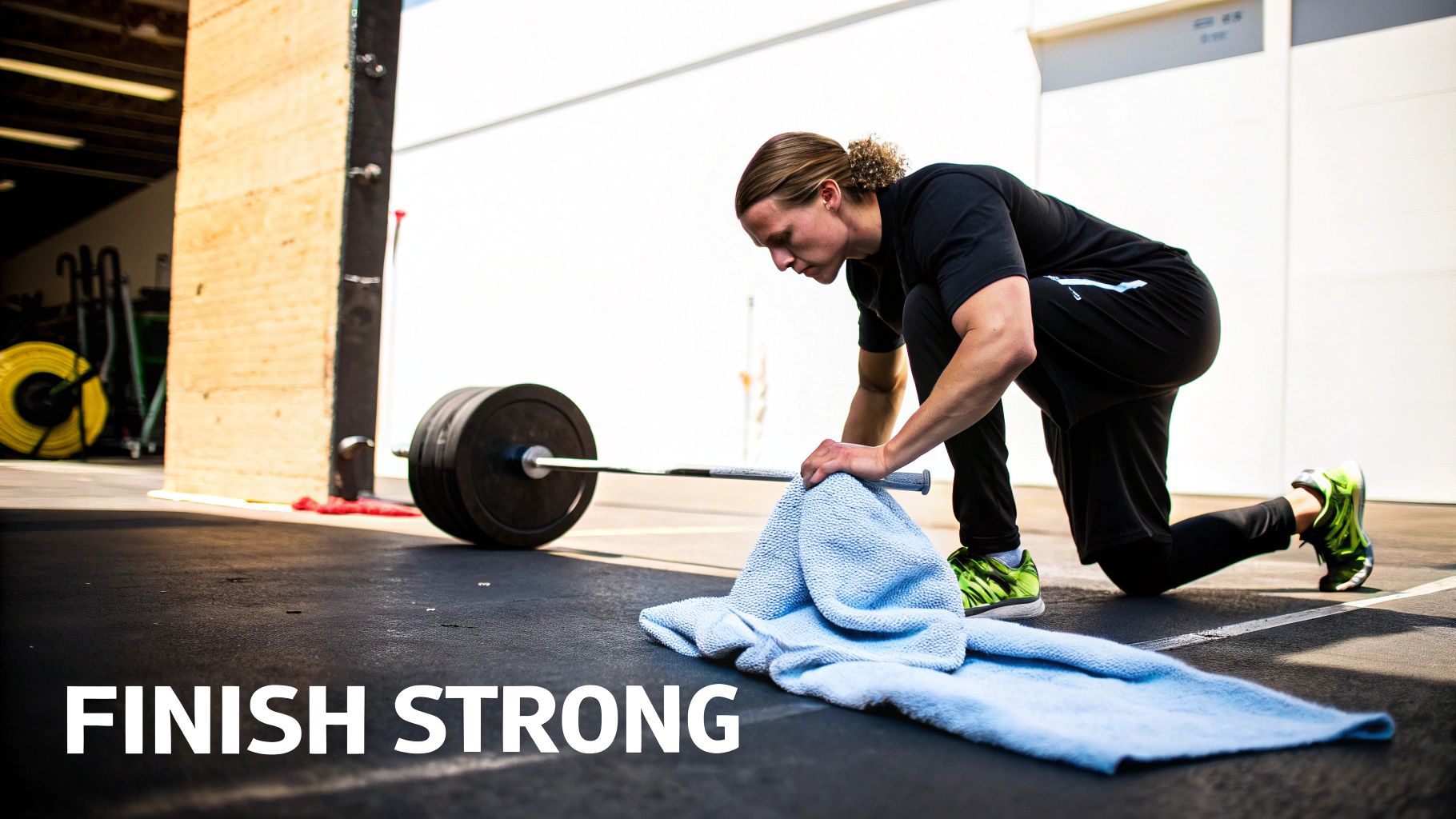 A male athlete kneels on the gym floor with a towel and barbell, preparing for a workout.