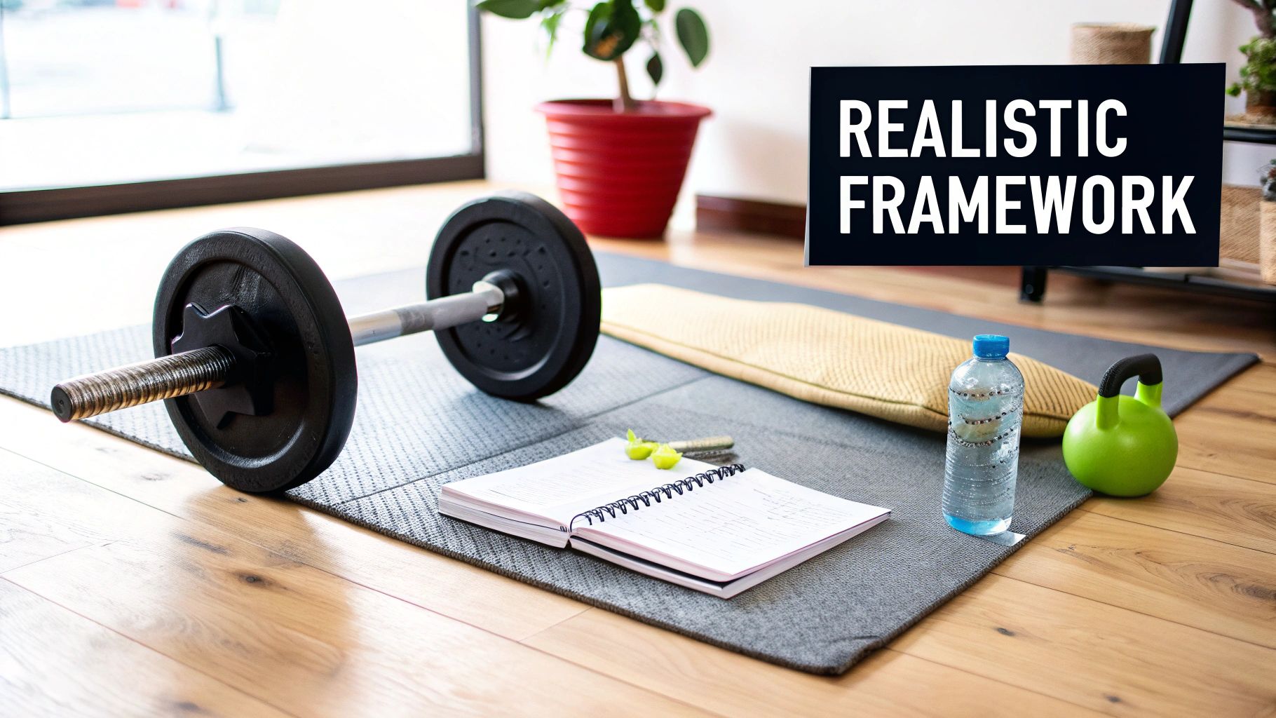 A home gym setup with a barbell, yoga mat, water bottle, kettlebell, and notebook.