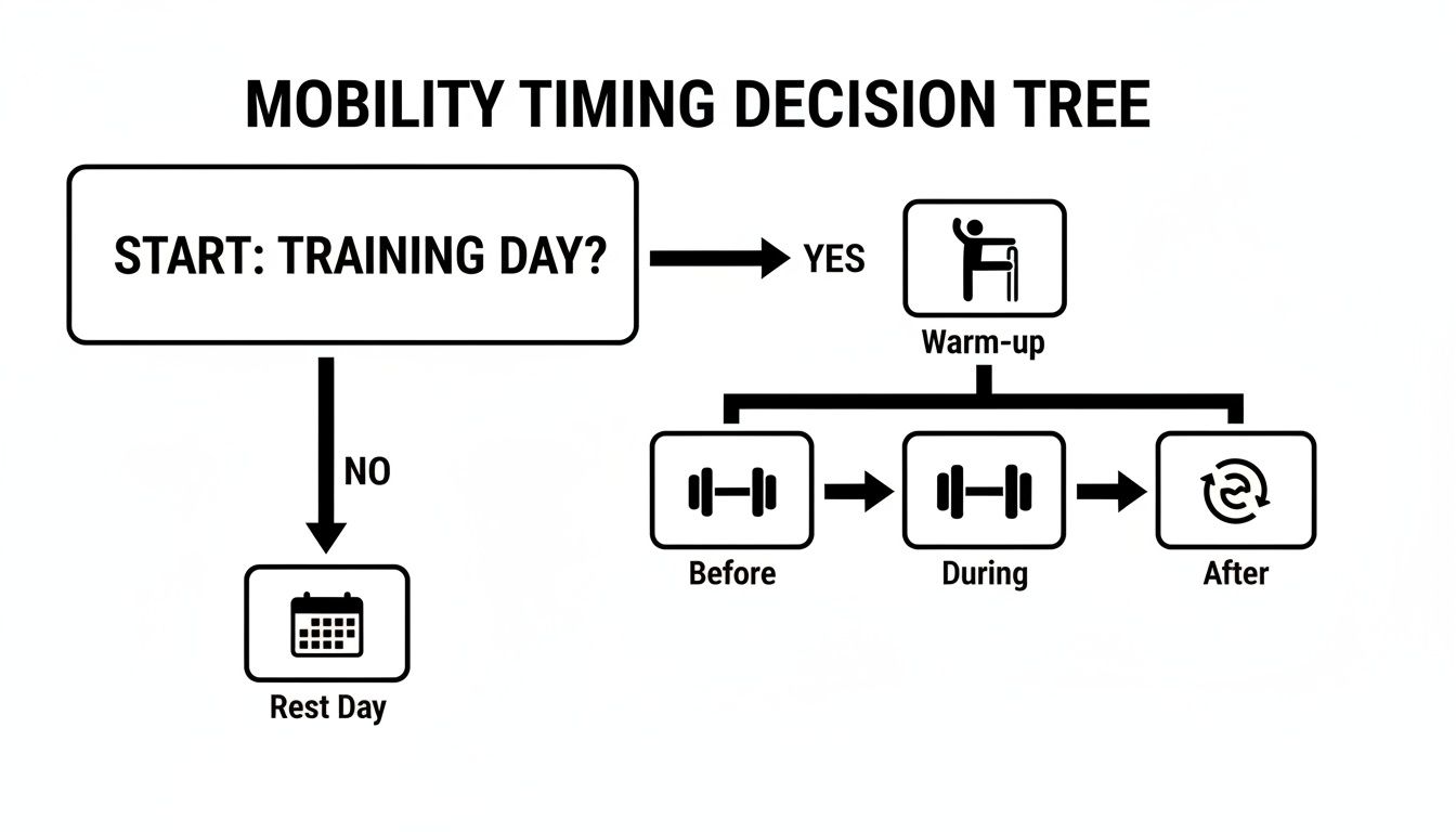 Flowchart showing when to perform mobility exercises: on training days (warm-up, before, during, after) or rest days.