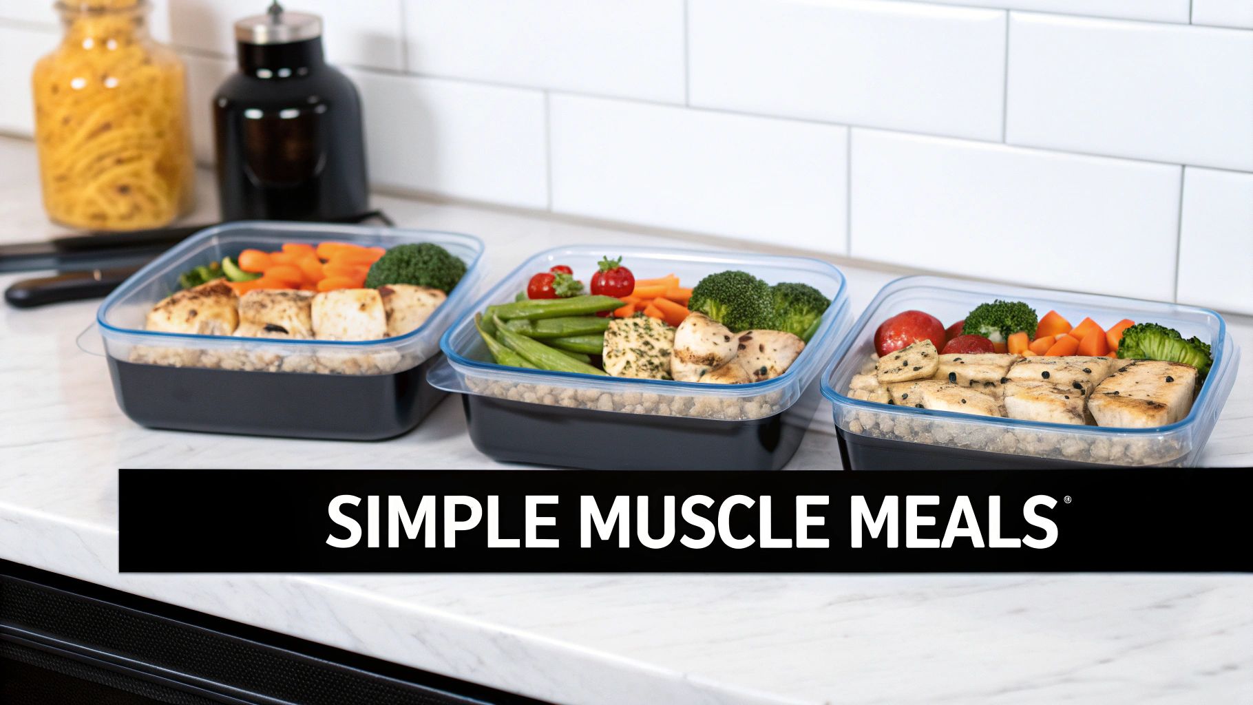 Three meal prep containers with grilled chicken, mixed vegetables, and grains on a kitchen counter.