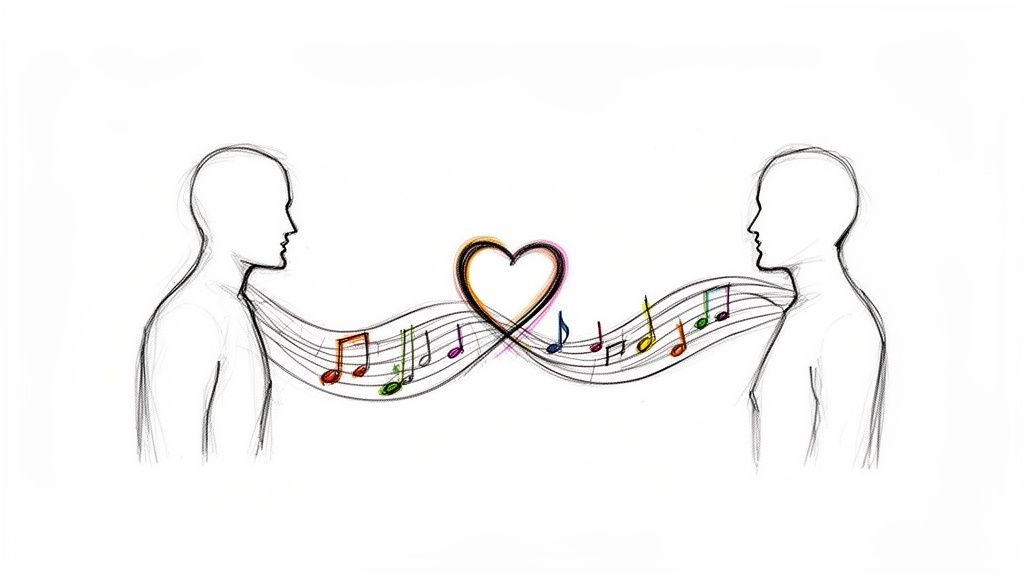 Zwei Profile von Menschen, die durch eine Musiklinie mit bunten Noten und einem Herz verbunden sind.