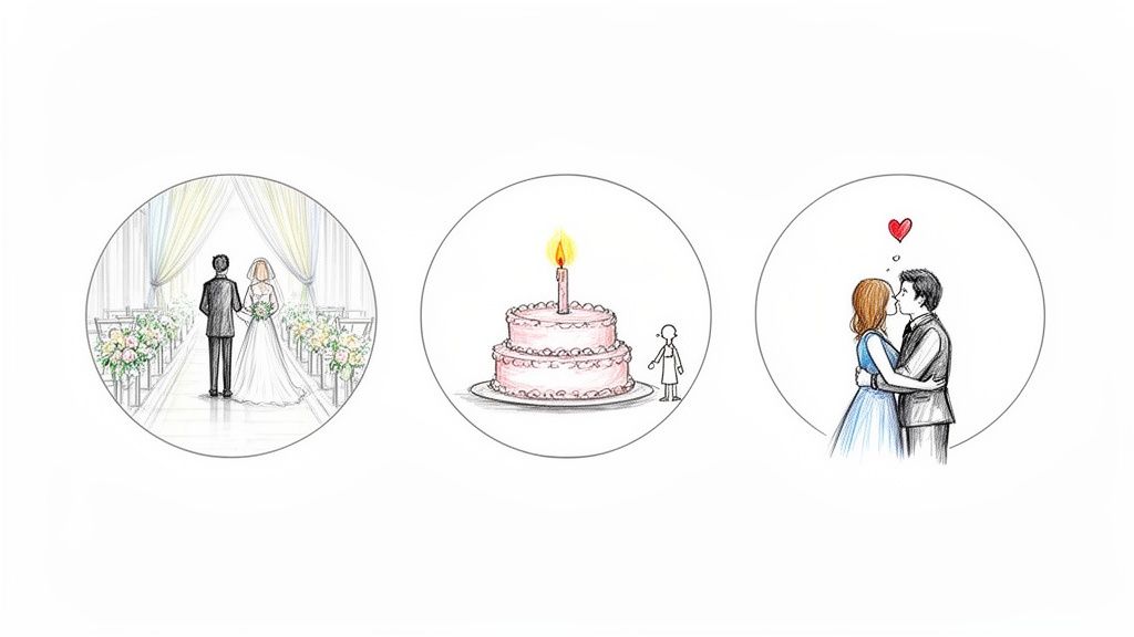 Eine Reihe von Illustrationen, die die Reise der Liebe von der Hochzeit bis zur Familie darstellen.