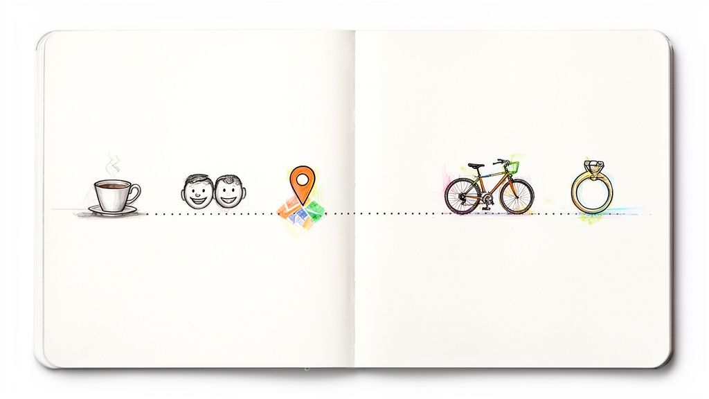 Zeitleiste einer Liebesgeschichte mit Symbolen für Kaffee, Paar, Treffpunkt, Fahrrad und Verlobungsring.