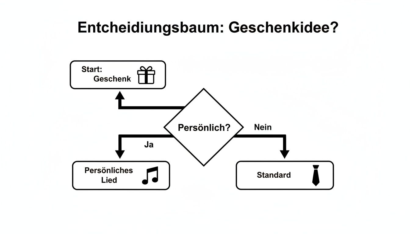 Entscheidungsbaum für Geschenkideen: Startet mit Geschenk, fragt nach Persönlichkeit, führt zu persönlichem Lied oder Standardgeschenk.