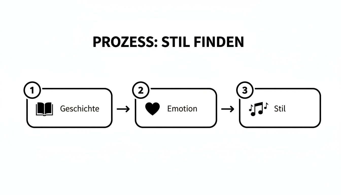 Ein Flussdiagramm zeigt den Prozess zum Finden eines Stils in den Schritten Geschichte, Emotion und Stil.