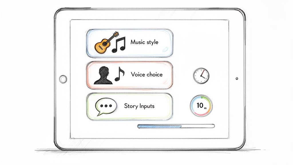 Ein Tablet-Bildschirm mit Optionen für Musikstil, Stimmwahl und Story-Eingaben, dazu eine Uhr und ein 10-Minuten-Timer.