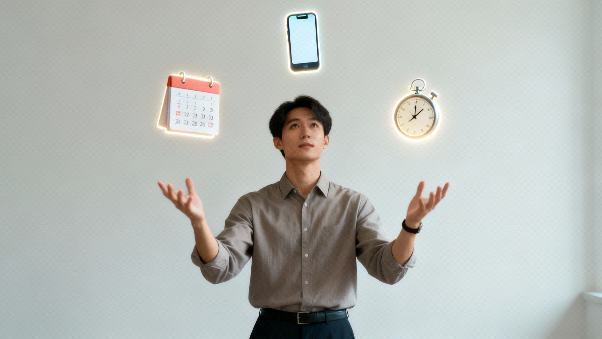 A person juggling flaming torches, symbolizing the high-stakes cost of context switching and poor time management.