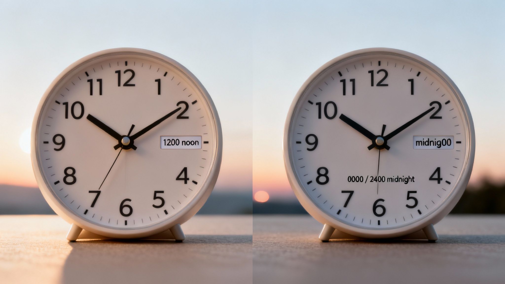 Two white alarm clocks side-by-side, one labeled 'noon' and the other 'midnight'.