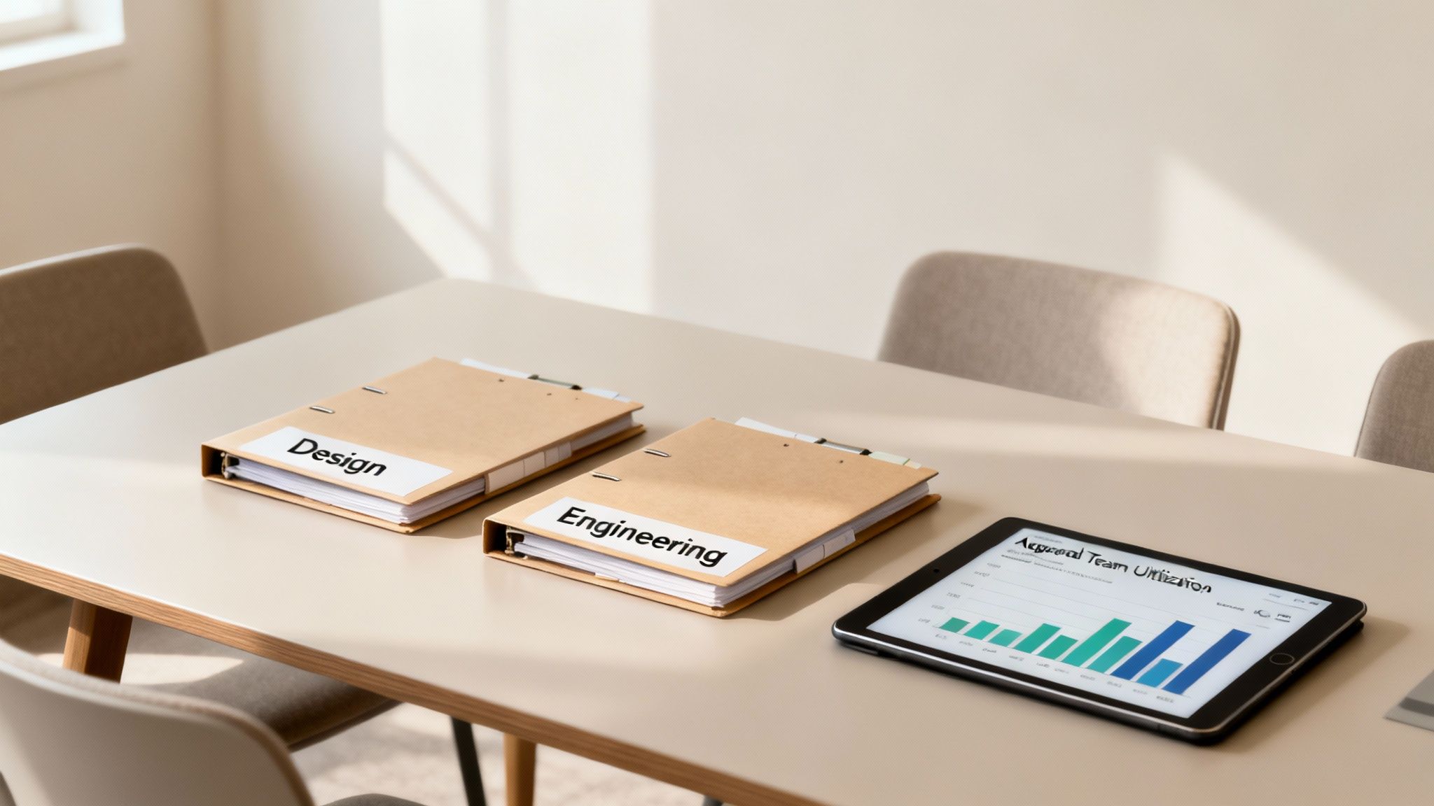 A group of professionals in a modern office collaborating on a project around a large table.