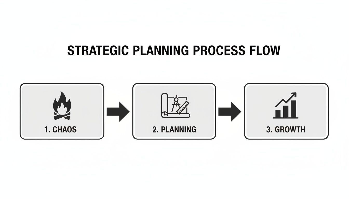 A strategic planning process flow diagram showing three steps: Chaos, Planning, and Growth with icons.