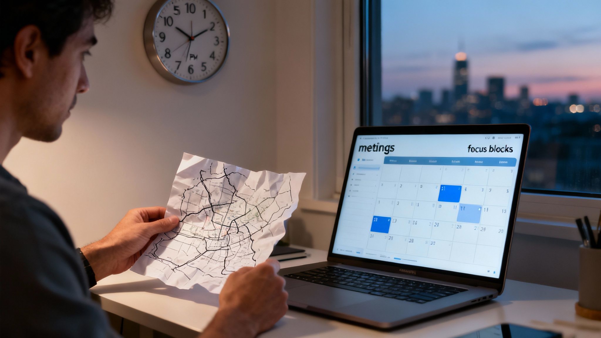 A man studies a crumpled map while looking at a laptop showing a calendar with meetings and focus blocks.