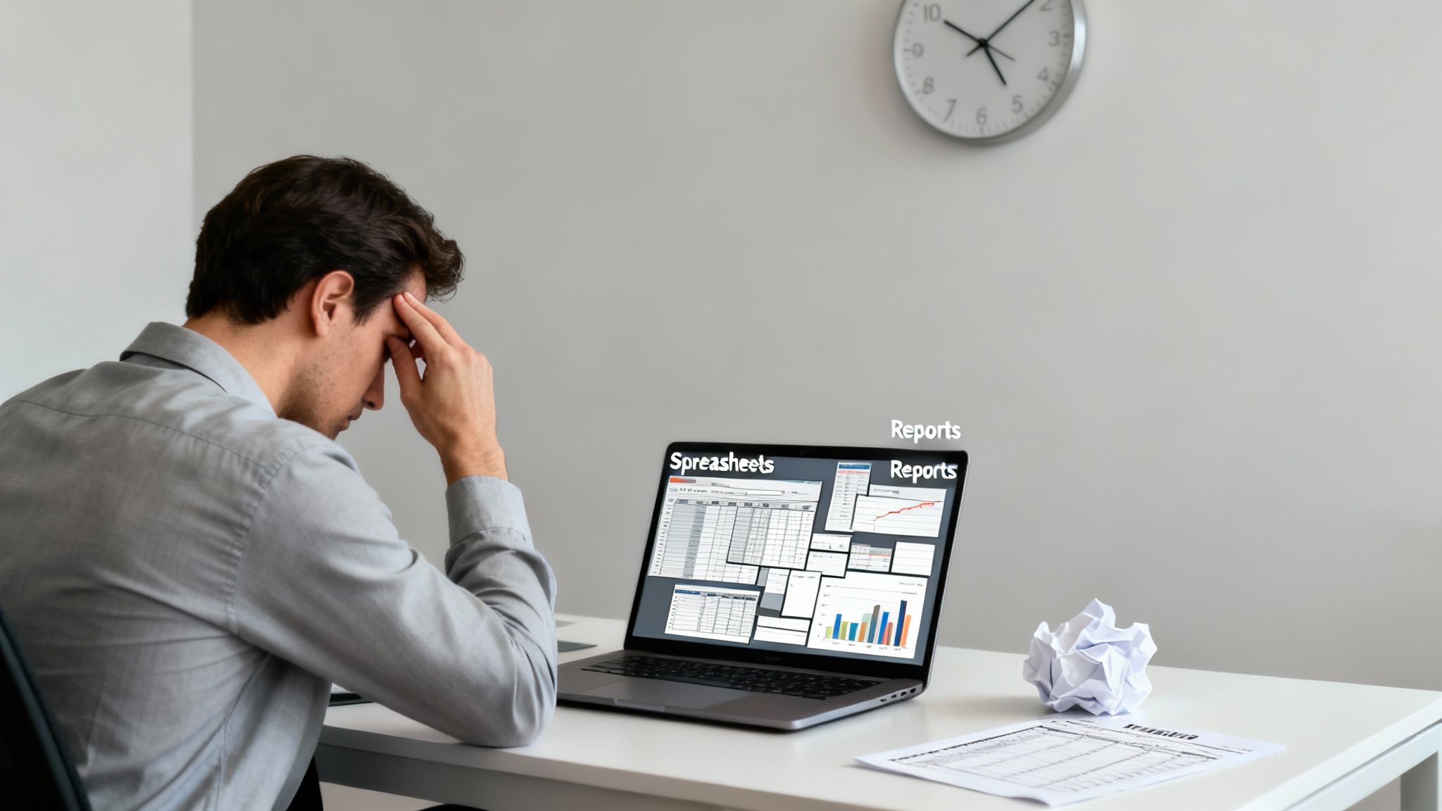 A stressed man looking at his laptop screen filled with multiple spreadsheets and reports, struggling with data.
